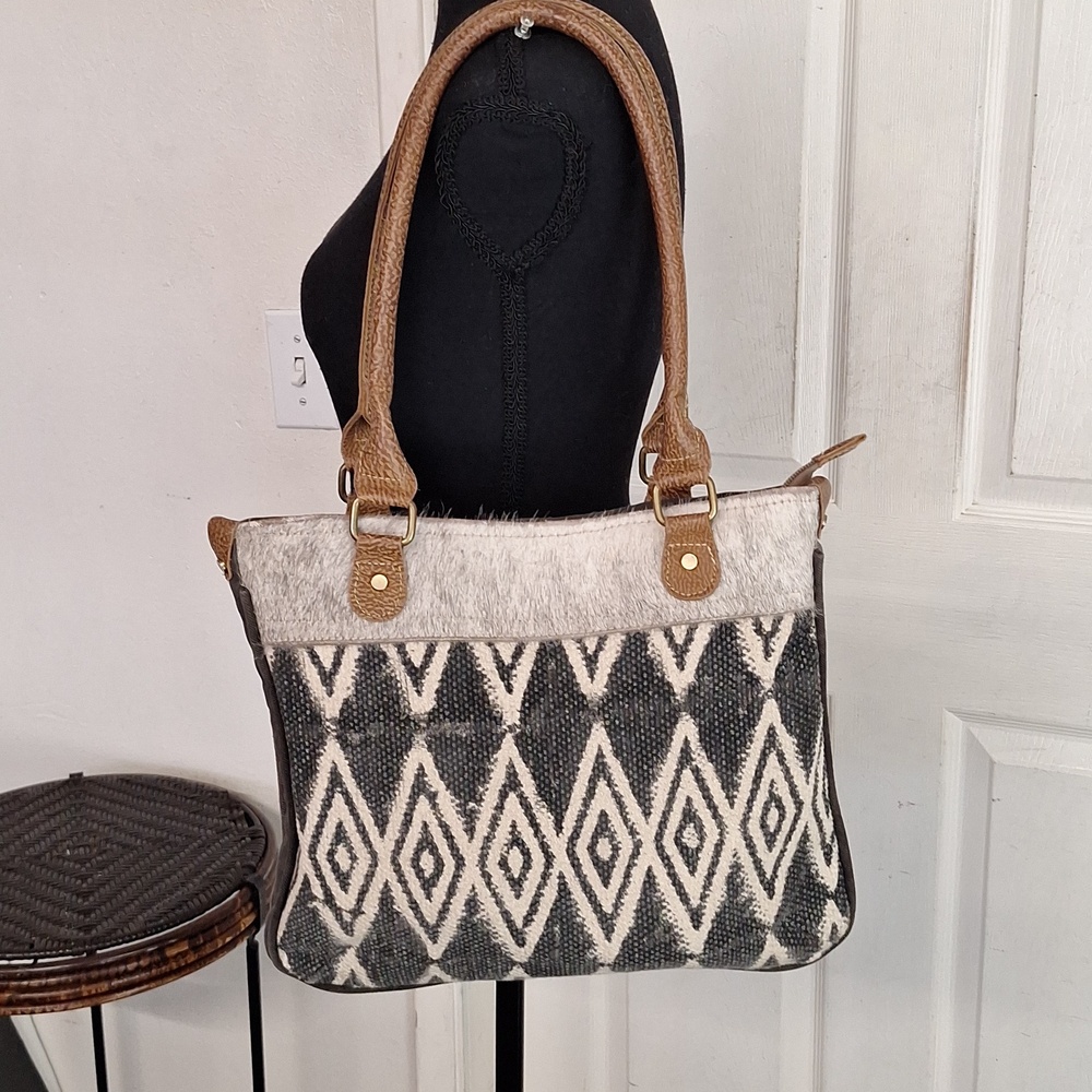 Myra Bag Upcycled Distressed Leather & Canvas Shoulder Bag